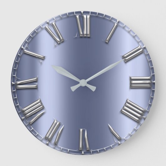 Blue Lux Gray Metallic Gray Silver Roman Numbers Große Wanduhr (Vorderseite)