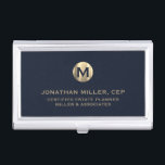 Blue Luxury Gold Erstlogo Visitenkarten Dose<br><div class="desc">Einfaches modernes Luxus-Design mit gebürstetem metallischem Original-Logo-Medaillon mit personalisiertem Namen,  Firmennamen oder Sondertext unten in klassischer Blocktypografie auf dunkelblauem Hintergrund. Personalisieren Sie Ihre individuelle Verwendung.</div>