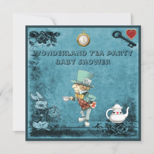 Blue Mad Hatter Wonderland Tea Party Babydusche Einladung (Vorderseite)