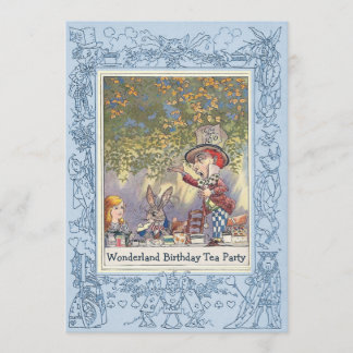 Blue Mad Hatter's Wonderland Birthday Tea Party Einladung