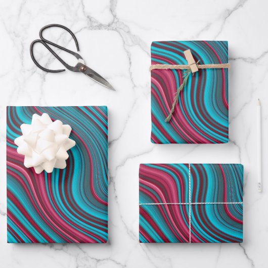 Blue & Magenta Wavy Marbling Agate Abstraction Geschenkpapier Set (Vorderseite)