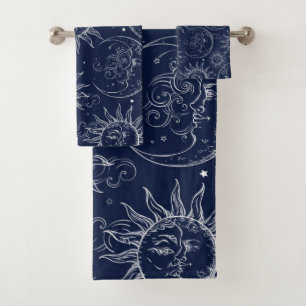Blue Magic Vintag Celestial Sun Moon Stars Badhandtuch Set