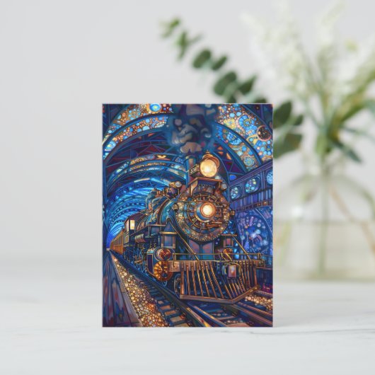 Blue Magical Steampunk Train Loco Imitate Mosaic 0 Postkarte (Stehend Vorderseite)