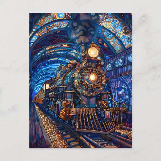 Blue Magical Steampunk Train Loco Imitate Mosaic 0 Postkarte (Vorderseite)