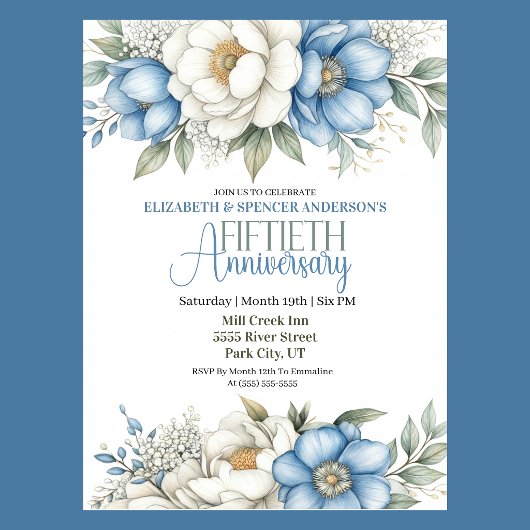 Blue Magnolia and Peony 50th Wedding Anniversary Einladung