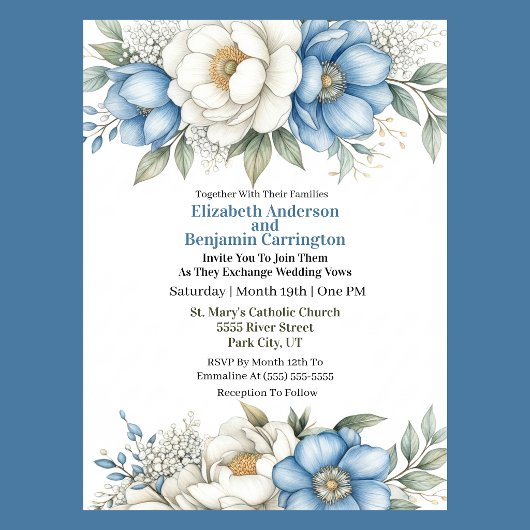 Blue Magnolia and Peony Flower Wedding Einladung