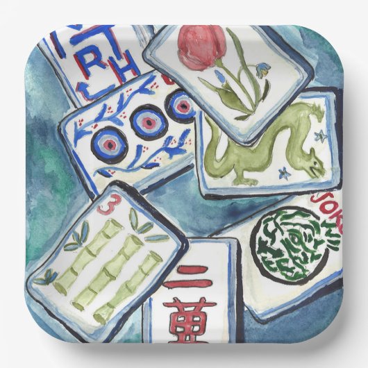 Blue Mahjong Tiles Pappteller (Vorderseite)