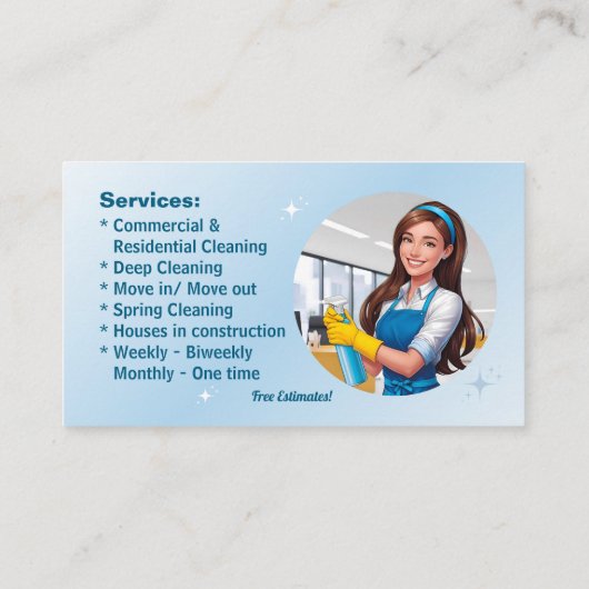 Blue Maid House Reinigungsdienste Janitorial Clean Visitenkarte (Rückseite)
