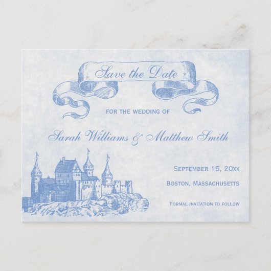 Blue Mairytale Wedding Save the Date Postcard Ankündigungspostkarte (Vorderseite)