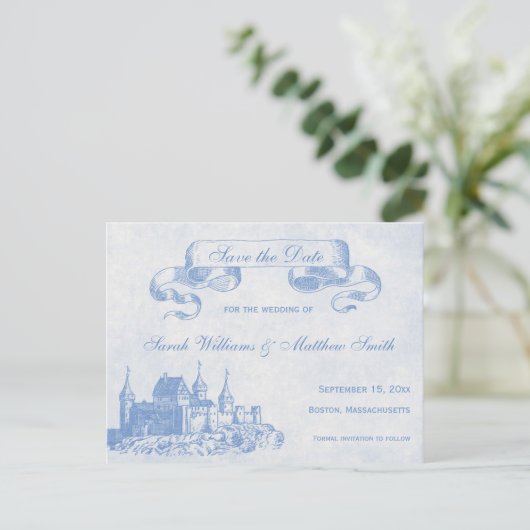 Blue Mairytale Wedding Save the Date Postcard Ankündigungspostkarte (Stehend Vorderseite)