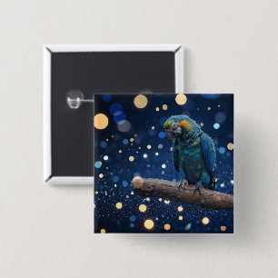 Blue Majestät: The Blue Macaw on Dreamy Blue Bokeh Button