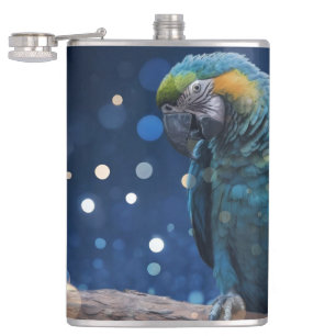 Blue Majestät: The Blue Macaw on Dreamy Blue Bokeh Flachmann