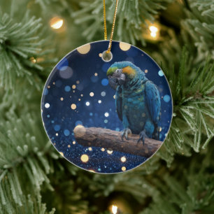Blue Majestät: The Blue Macaw on Dreamy Blue Bokeh Keramik Ornament