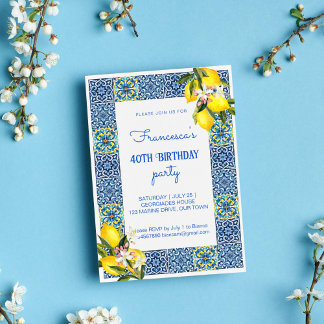 Blue Majolica Tiles lemons Mediterrane Geburtstag Einladung