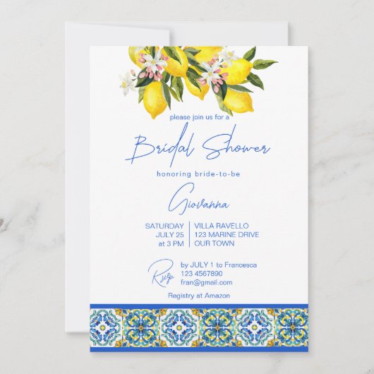 Blue Majolica Tiles Lemons Mittelmeer Einladung (Vorderseite)