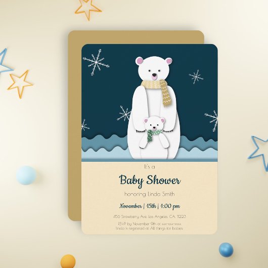 Blue Mama und Baby Polar Bear in Cave Baby Dusche Einladung