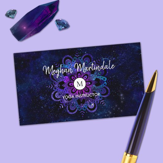 Blue Mandala Galaxy Boho Yoga Watercolor Monogram Visitenkarte