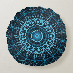 Blue Mandala Net Retro Hippie Trippy Boho Chic Rundes Kissen