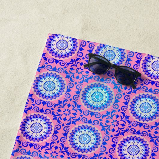 Blue Mandala Pattern Pink Boho Beach Handtuch (Beispiel)