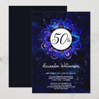 Blue Mandala Space Stars Boho 50. Geburtstagsparty Einladung