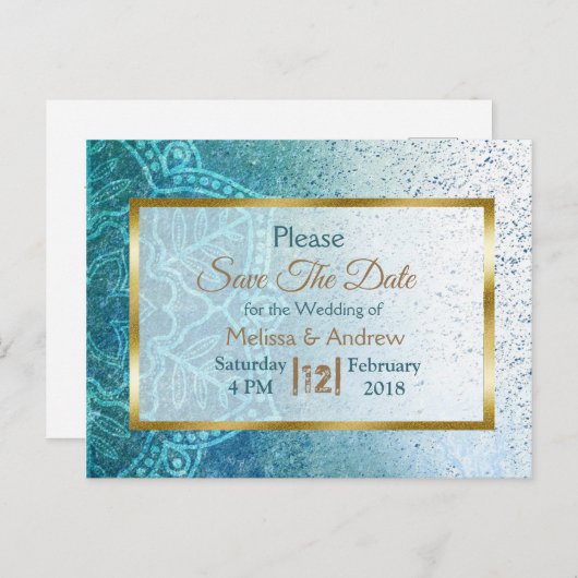 Blue Mandala und Gold Save the Date Postkarten (Vorne/Hinten)
