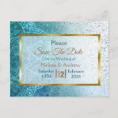 Blue Mandala und Gold Save the Date Postkarten (Vorderseite)