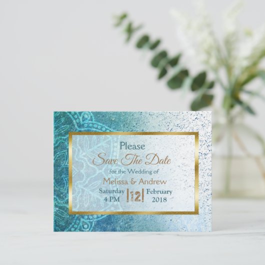 Blue Mandala und Gold Save the Date Postkarten (Stehend Vorderseite)