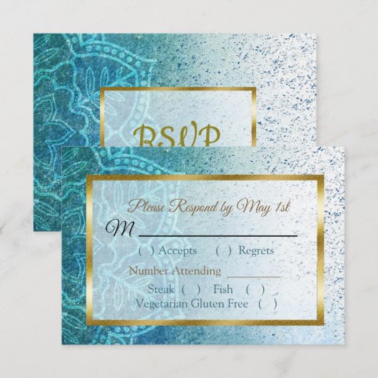 Blue Mandala Wedding RSVP Karte (Vorne/Hinten)
