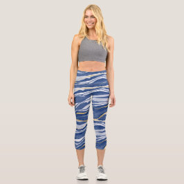 Blue Marble Agate Gold Glitzer Capri Leggings