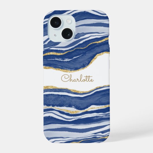 Blue Marble Agate Gold Glitzer Personalisiert iPhone 15 Hülle (Rückseite)