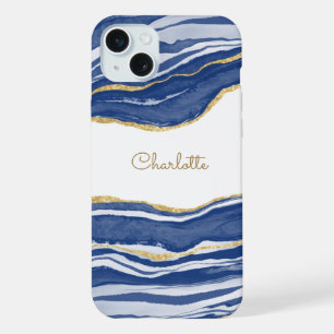 Blue Marble Agate Gold Glitzer Personalisiert iPhone 15 Plus Hülle