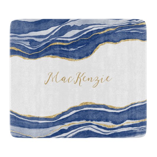 Blue Marble Agate Gold Glitzer Personalisiert Schneidebrett (Vorderseite)