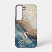 blue marble chic gold glitter monogram samsung galaxy hülle (Rückseite)