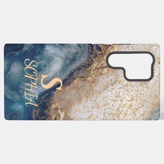 blue marble chic gold glitter monogram samsung galaxy hülle (Rückseite (Horizontal))