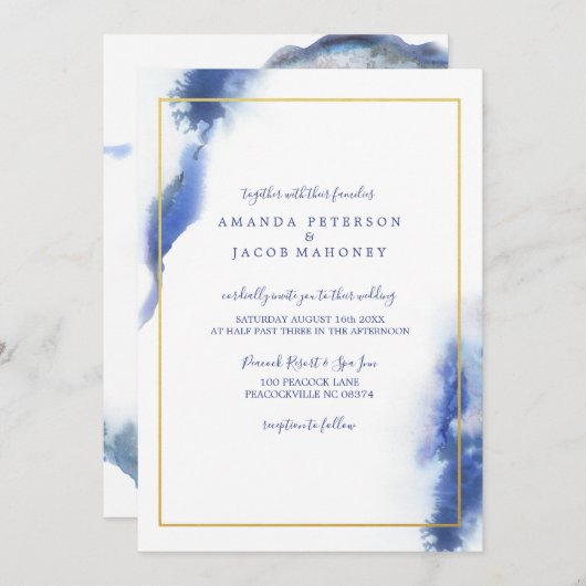 Blue Marble Ombre Gold Frame Wedding Einladung (Vorne/Hinten)