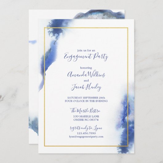 Blue Marble Ombre Gold Wedding Engagement Party Einladung (Vorne/Hinten)