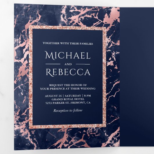 Blue Marble Rose Gold Glitzer Foto Hochzeit Dreifach Gefaltete Einladung (Innen Erste Seite)
