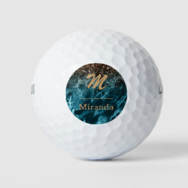 Blue Marble Rose Gold Glitzer Mongram personalisie Golfball