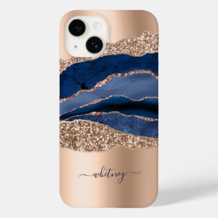 Blue Marble Rose Gold Glitzer Name Case-Mate iPhone 14 Hülle