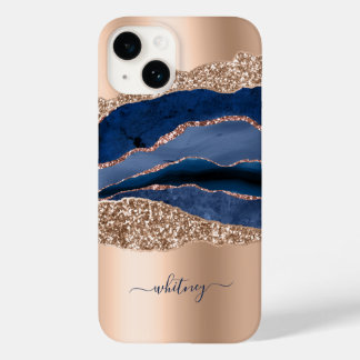 Blue Marble Rose Gold Glitzer Name Case-Mate iPhone 14 Hülle