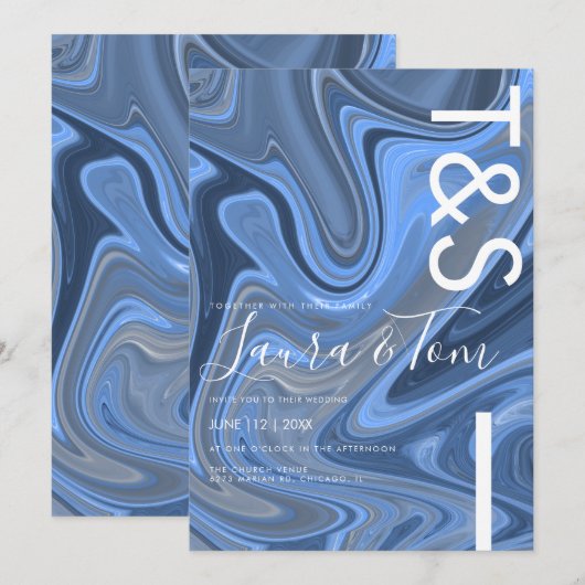 Blue Marble Swirl Bold Script Typografy Einladung (Vorne/Hinten)