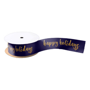 Blue Marine Golden Happy Holidays Reinadeer Satinband