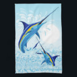 Blue Marlin Jumping out of Ocean Geschirrtuch<br><div class="desc">Realistic illustration of a beautiful Marlin Fish Ocean Animal jumping out of ocean. Vector Art copyright BluedarkArt TheChameleonArt.</div>