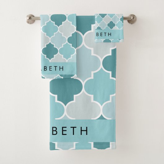 Blue marokkanische Trellis, Quatrefolie, Ihr Name Badhandtuch Set (Insitu)
