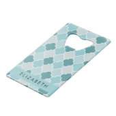 Blue marokkanische Trellis, Quatrefolie, Ihr Name Geldbeutel Flaschenöffner (Vorderseite Schrägansicht)