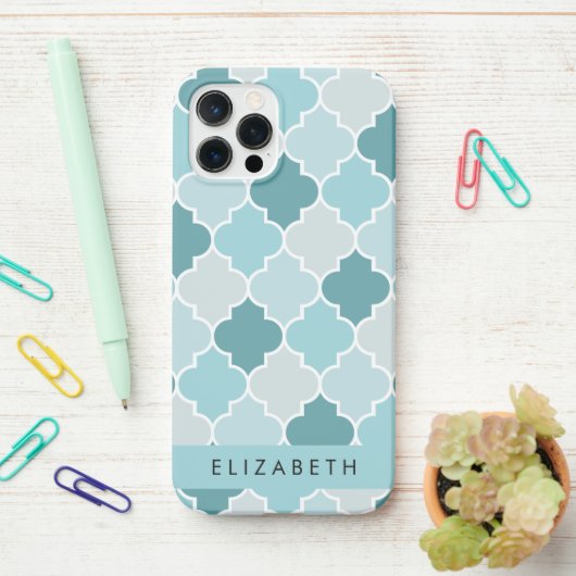 Blue marokkanische Trellis, Quatrefolie, Ihr Name iPhone Hülle (Auf dem Schreibtisch)