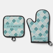 Blue marokkanische Trellis, Quatrefolie, Ihr Name Ofenhandschuh & Topflappen-Set (Vorderseite)