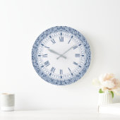 Blue Marokko Elegante Casbah Damask Große Wanduhr (Zuhause)