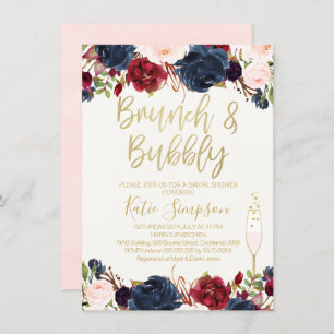 Blue Maroon Floral Brunch Bridal Dusche Einladung