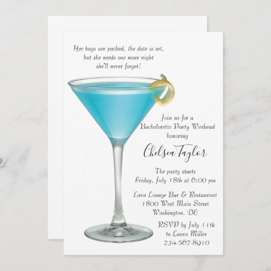 Blue Martini Cocktail Hour Junggeselinnen-Abschied Einladung (Vorne/Hinten)